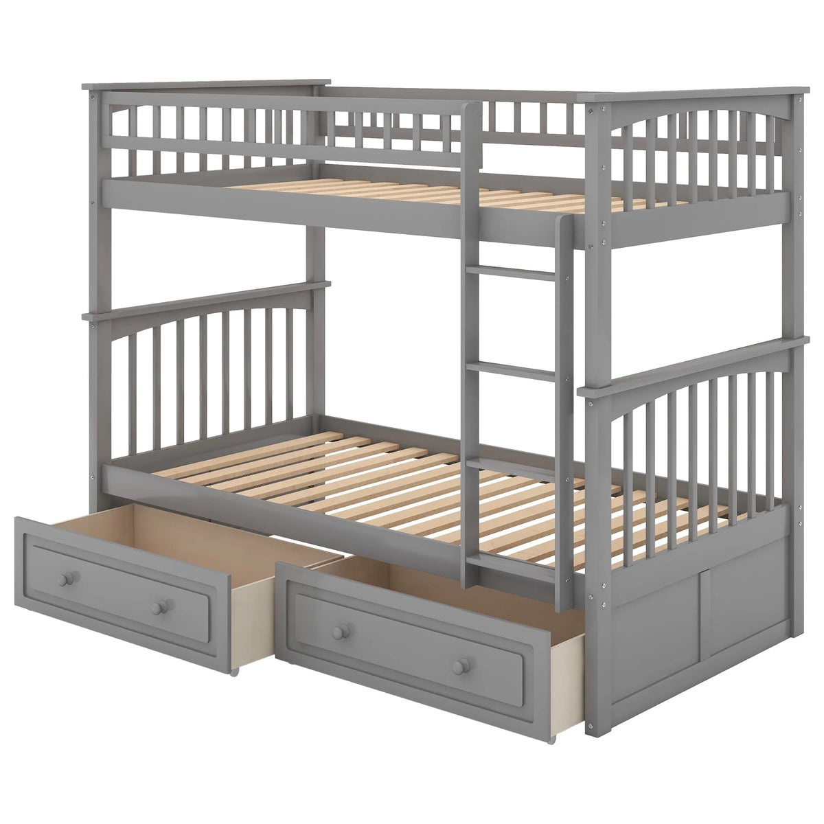 Euroco Pine Wood Bunk Bed with Storage 2 Drawers, Twin-over-Twin Bunk Bed with Safety Rail and Ladder for Kids, Conveted into 2 Single Beds, Sapce-Saving Design, Gray