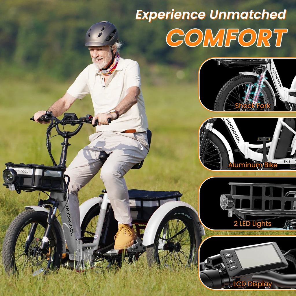 MOONCOOL TK1 Folding Electric Tricycle for Adults,48V 14.5Ah Removable battery, 500W Peak 1000w Motor, 20" Fat Tire Step-Thru 3Wheel Electric Bicycle w/Front&Rear Baskets, Certified to UL 2849 by SGS