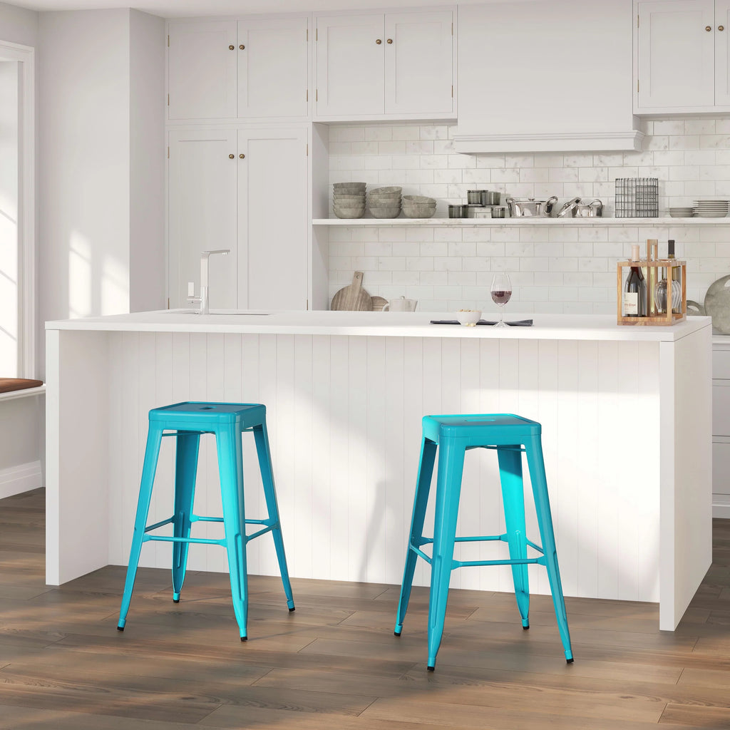 Merrick Lane Crystal Blue 30" High Backless Metal Bar Height Stool with Square Seat for Indoor-Outdoor Use
