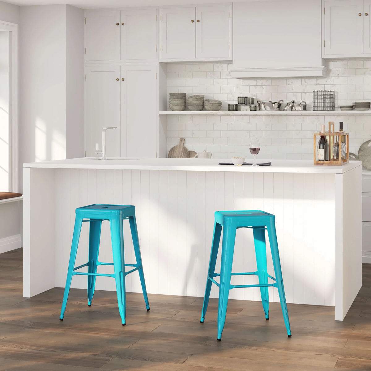 Merrick Lane Crystal Blue 30" High Backless Metal Bar Height Stool with Square Seat for Indoor-Outdoor Use