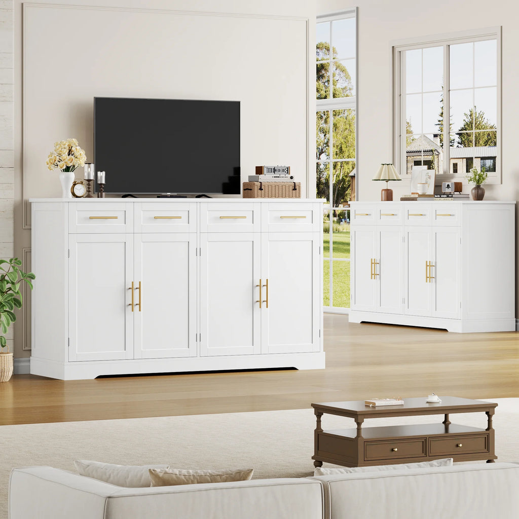 Homfa Farmhouse Buffet Cabinet with 4 Drawers and 4 Doors, 59" W Sideboard Buffet Storage Cabinet with Shelves, for Kitchen Living Room Bedroom, Wash Gray