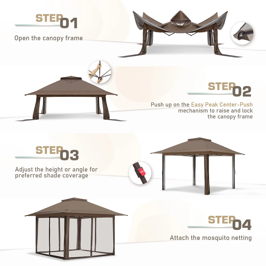 EAGLE PEAK 13' x 13' Pop-Up Gazebo Tent Instant w/Mosquito Netting，Outdoor Gazebo Canopy Easy Set-up Folding Shelter (Beige/Brown)