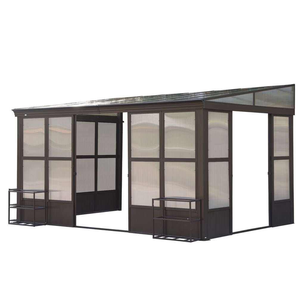 TOTAL Outdoor 10'x12' All-Season Sunroom Gazebo with Steel Roof, PVC Screen, Front & Side Door, Brown
