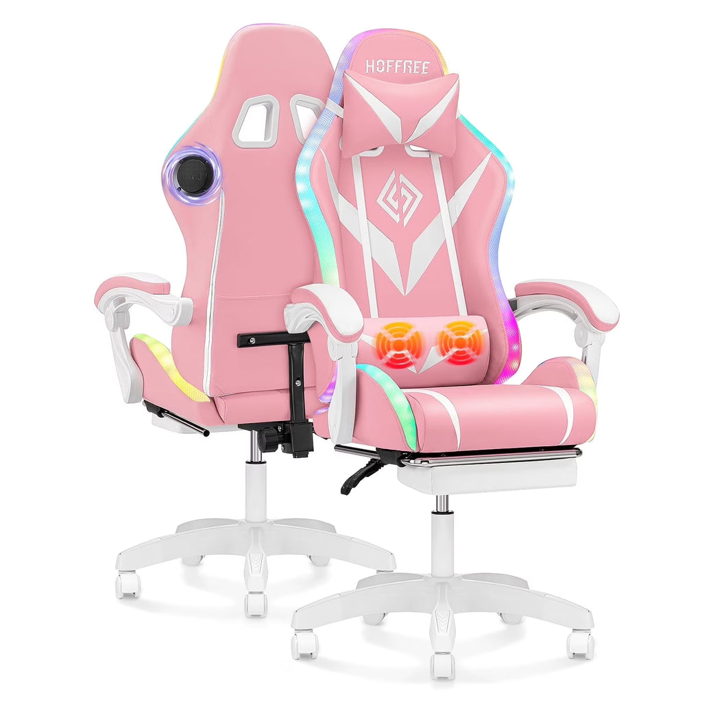 Hoffree Gaming Chair with Speakers PU Leather Office Chair with Footrest and LED Lights Ergonomic Gamer Chair with Massage Lumbar Support and Headrest Adjustable Swivel for Home Office 300lb