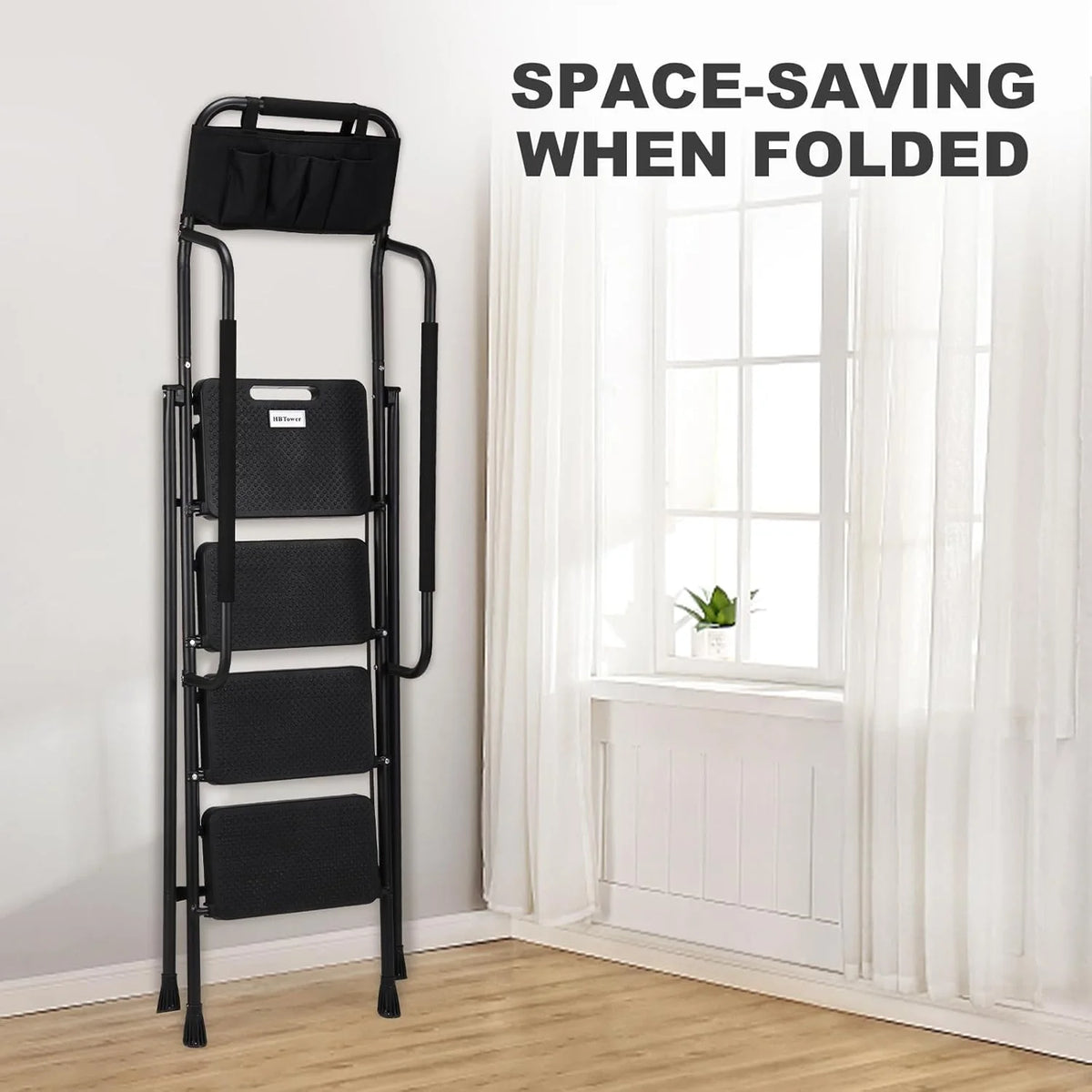 HBTower 4 Step Ladder with Handrails and Tool Bag, Folding Step Stool with Attachable  Anti-Slip Wide Pedal, Black