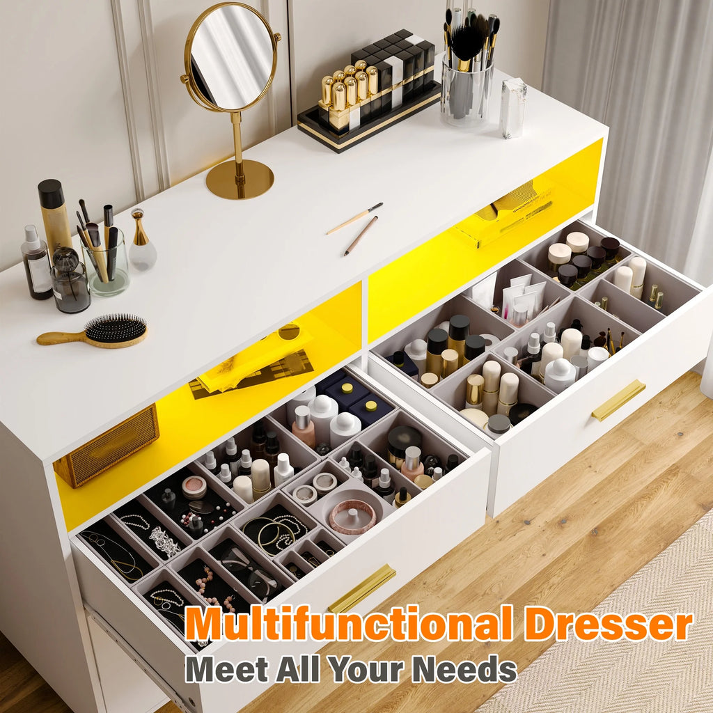 EnHomee Dresser with LED Lights Drawer Dresser with 6 Deep Drawers Wood Dresser for Bedroom TV Stand Dressers & Chests of Drawers Wide Led Dressers,Black