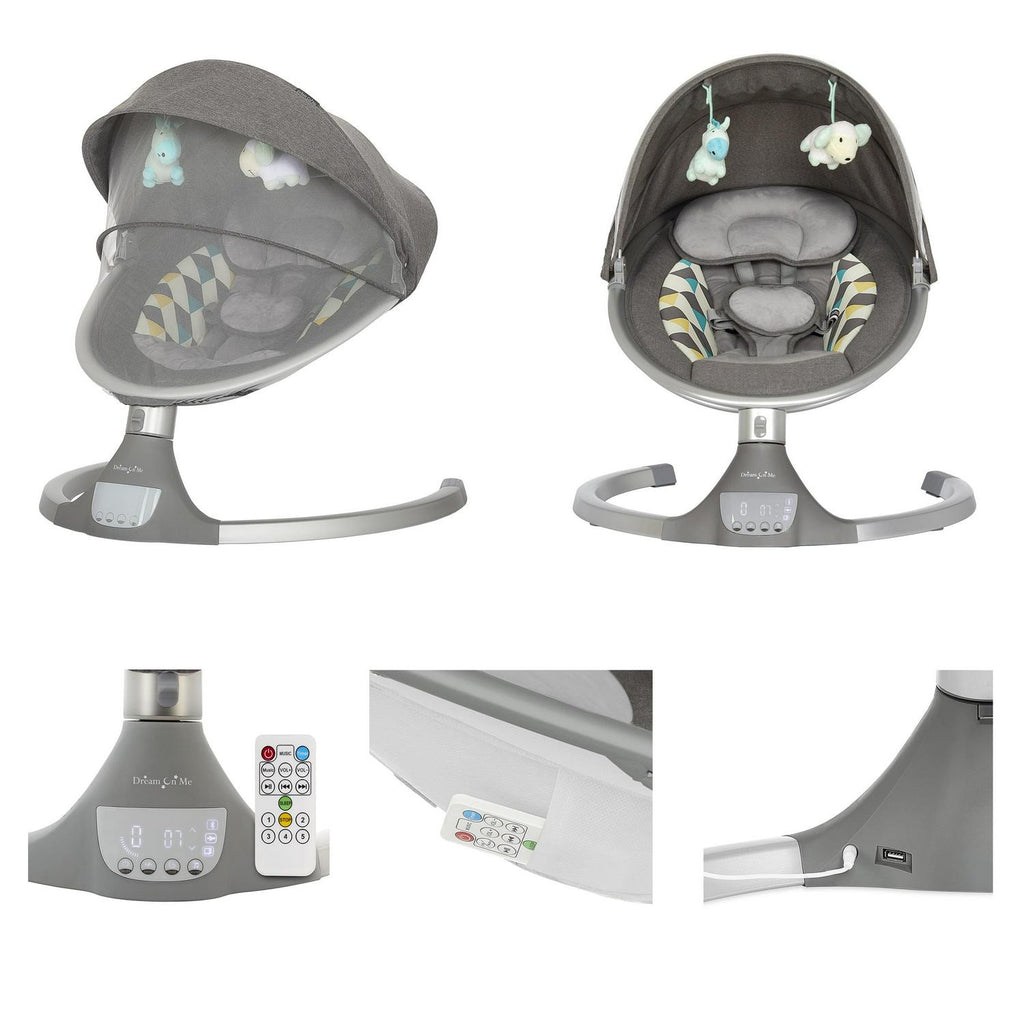 Dream On Me Zazu Baby Swing. Baby Swing for Infant. 5 - Swinging Speed. Two Attached Toys. Bluetooth Enabled and Remote Control. Grey and Blue