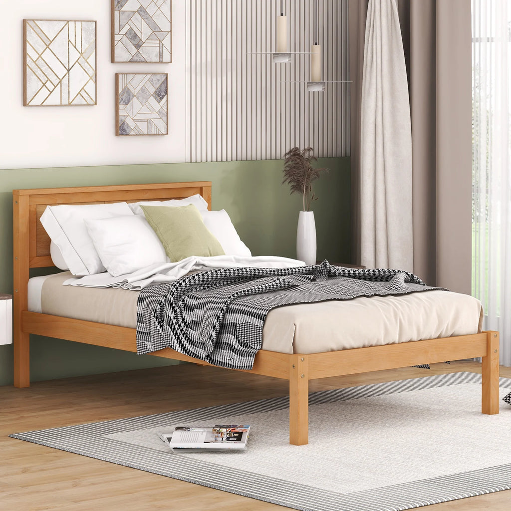 Euroco Twin Platform Bed, Modern Wood Frame Bed with Headboard and Slats for Kids Room, Oak