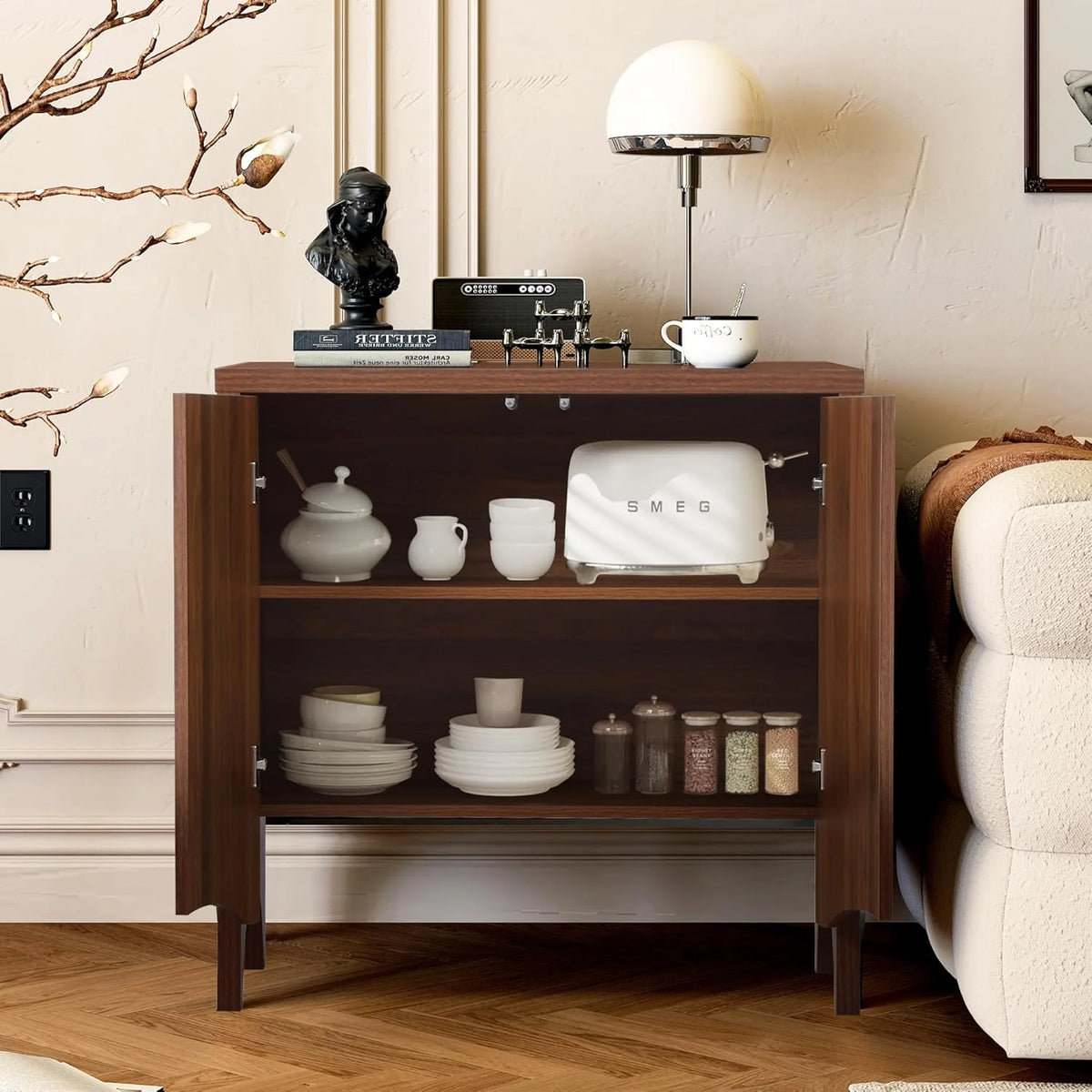 LEFHDA 2PCS Buffet Cabinet, Sideboard Cabinet with Storage, Accent Storage Cabinet with Carved Arc Door Design for Kitchen Dining Room, 2 Doors Buffet Cabinet with Adjustable Shelves