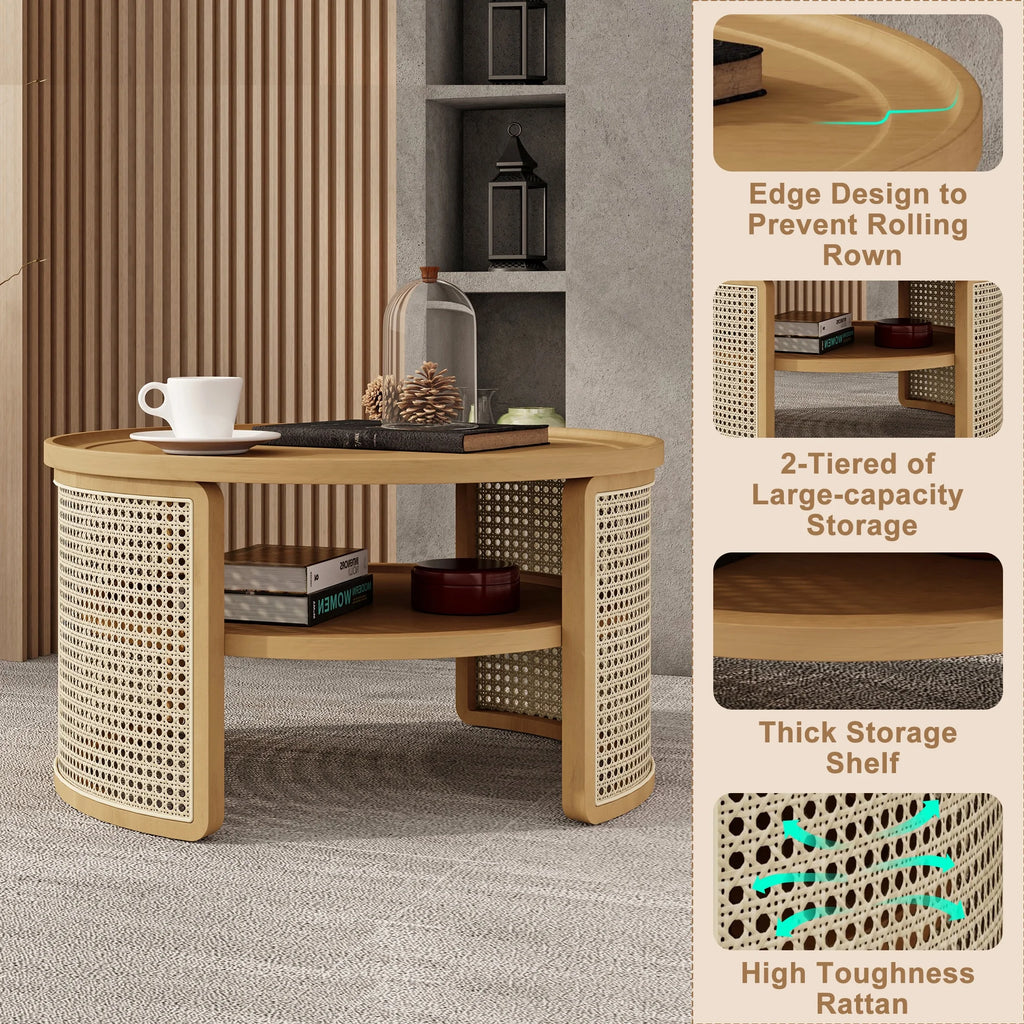 Harper & Bright Designs Rattan Round Coffee Table with Storage Shelf, Round Cane Wood Center Table for Living Room, 37'' Brown