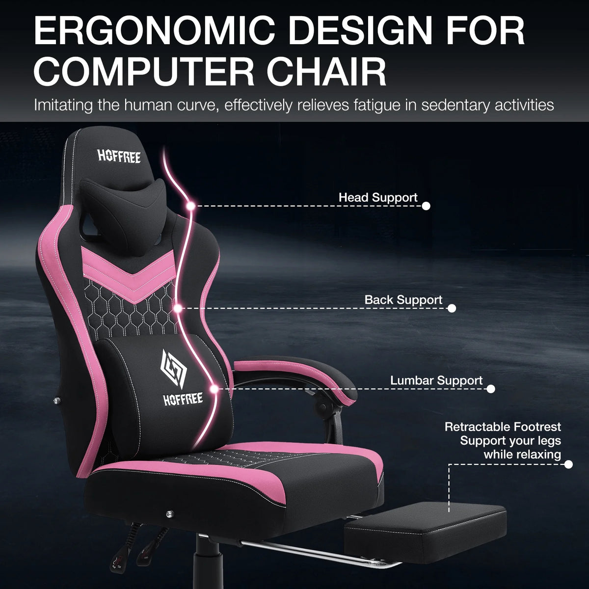 Hoffree Gaming Chair with Massage Fabric Office Chair with footrest for Adults, Ergonomic Gamer Chair with Headrest and Lumbar Support for Office Gaming, 440 LBS