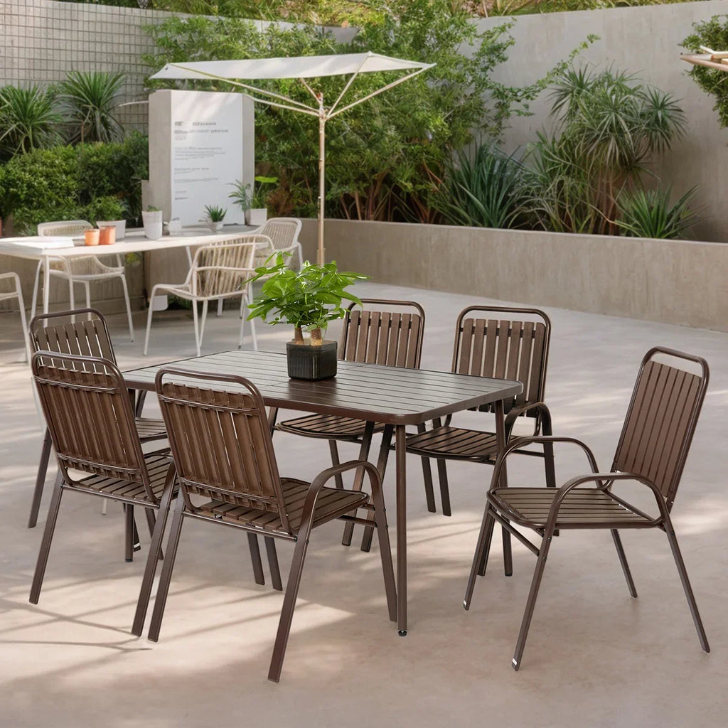 Seizeen Outdoor Dining Set for 6, Plastic Wood Patio Furniture Set with Steel Frame, Space-saving Dining Table and Chairs Stockable Design, All-weather Porch Garden Yard Conversation Furniture, Black