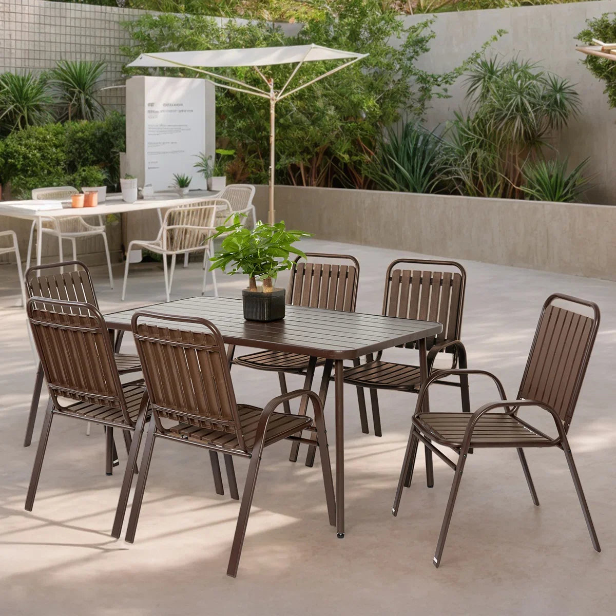Seizeen Outdoor Dining Set for 6, Plastic Wood Patio Furniture Set with Steel Frame, Space-saving Dining Table and Chairs Stockable Design, All-weather Porch Garden Yard Conversation Furniture, Black