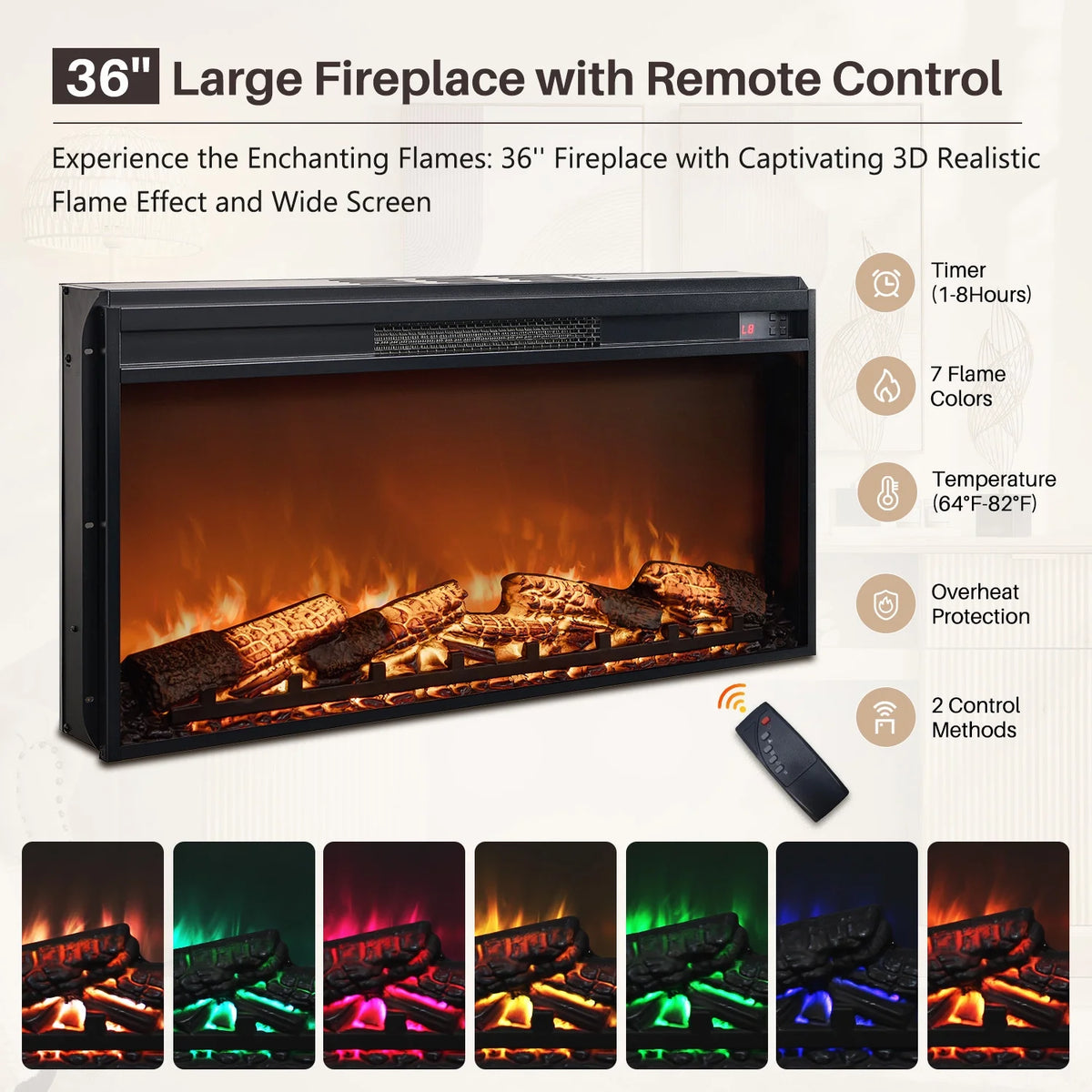 SinCiDo Fluted Fireplace TV Stand for 80 inch, Entertainment Center with 36" Electric Fireplace, 2 Drawers and Adjustable Shelves, Wood TV Stand for Living Room