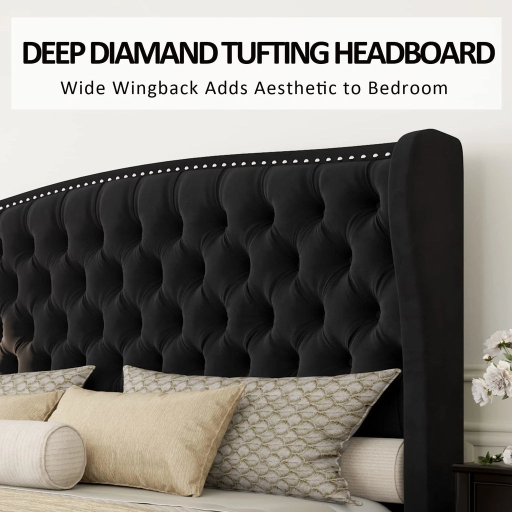VANACC Queen Size Bed Frame, Velvet Upholstered Bed with Deep Button Tufted Wingback Headboard Grey