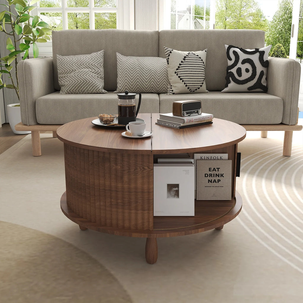 RUMLIVE Round Coffee Table with Storage, 30.7" Modern Coffee Table with 360 Curved Sliding Door, Fluted Wood Coffee Table with Footpads, Round Center Table for Living Room, Black