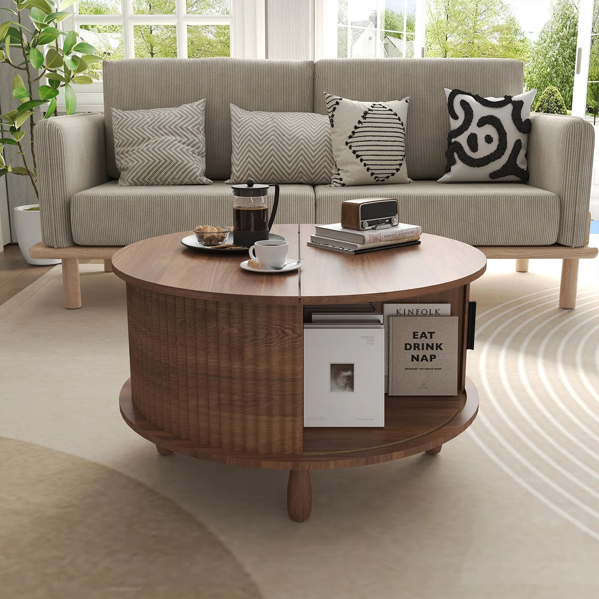 RUMLIVE Round Coffee Table with Storage, 30.7" Modern Coffee Table with 360 Curved Sliding Door, Fluted Wood Coffee Table with Footpads, Round Center Table for Living Room, Black