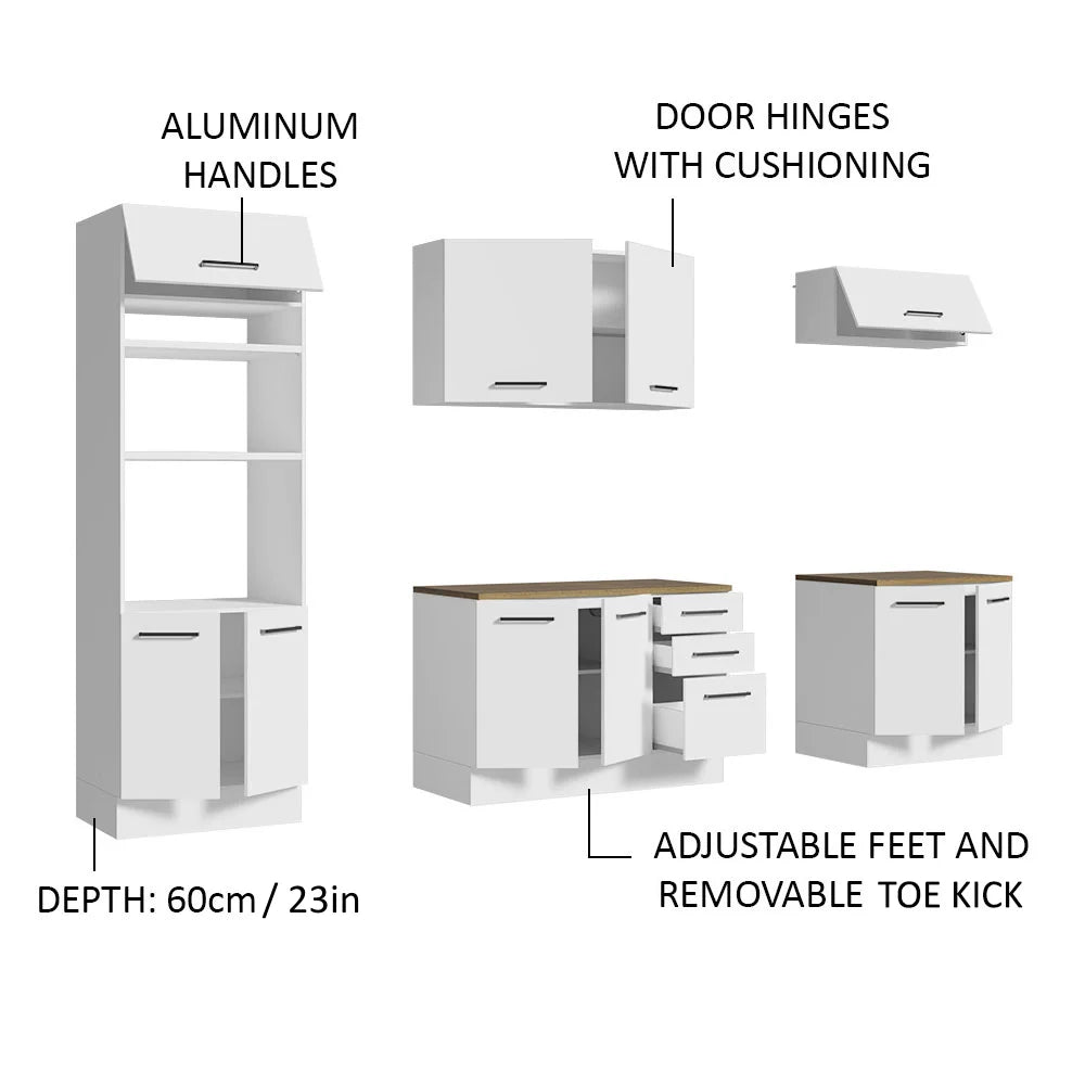 Madesa Full Set Hazel Kitchen Storage Cabinet 107 Inch Wooden Organization Unit with Multiple Compartments Engineered Wood Slab Doors Painted Finish Floor Mount Removable Plinth - White/Brown