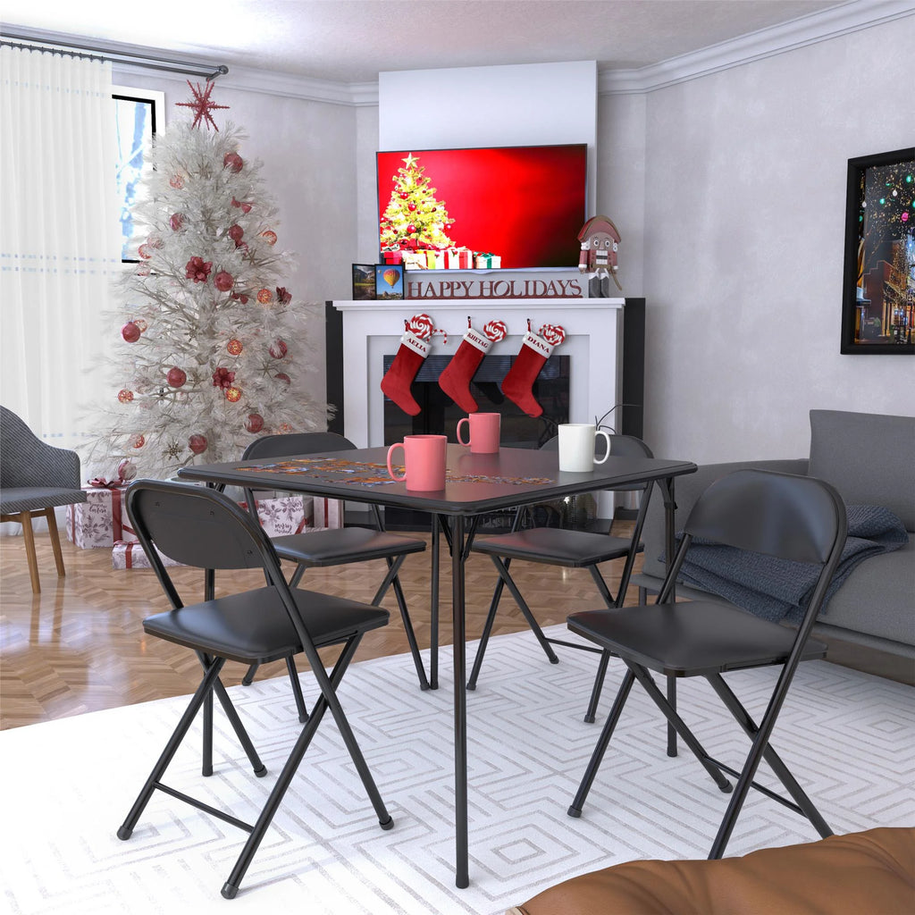 COSCO 5-Piece Folding Set with Card Table and 4 Vinyl Padded Chairs, Black