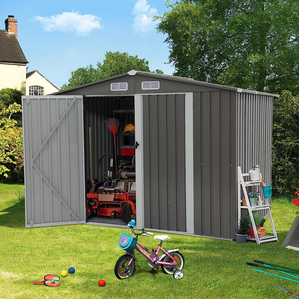 JOIVI 8'x6' Outdoor Storage Shed, Galvanized Metal Tool Storage Shed, Weather Resistant Garden Shed W/Lock for Backyard Patio Lawn, Brown
