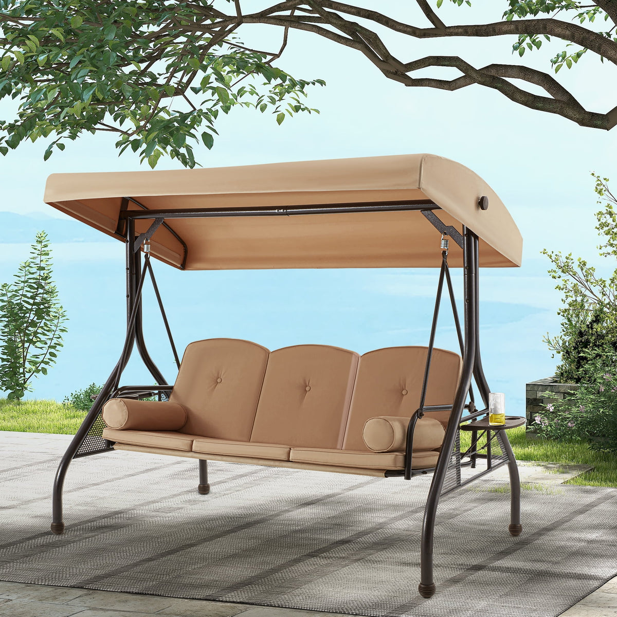 Homrest 3 Seat Outdoor Porch Swing with Adjustable Canopy, Cushions, and Cup Holder - Wine Red