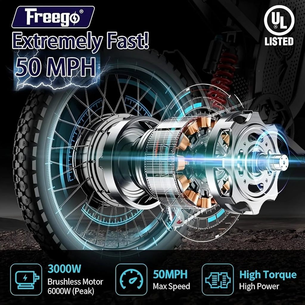 6000W(Peak) Motor 60V/35Ah Battery, Freego X2Pro Electric Motorcycle for Adults, Electric Bike  50MPH/7 Speed Off Road Electric Bicycle,19x2 Full Suspension/Four-Piston Hydraulic Brake UL2849MTB