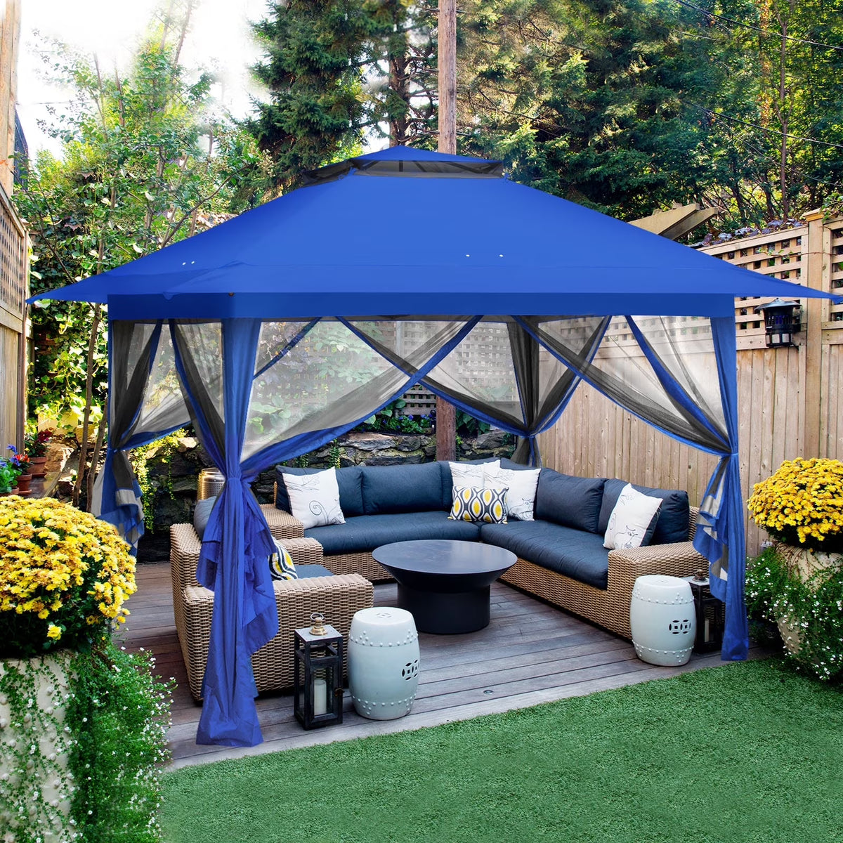 EAGLE PEAK 13' x 13' Pop-Up Gazebo Tent Instant w/Mosquito Netting，Outdoor Gazebo Canopy Easy Set-up Folding Shelter (Beige/Brown)