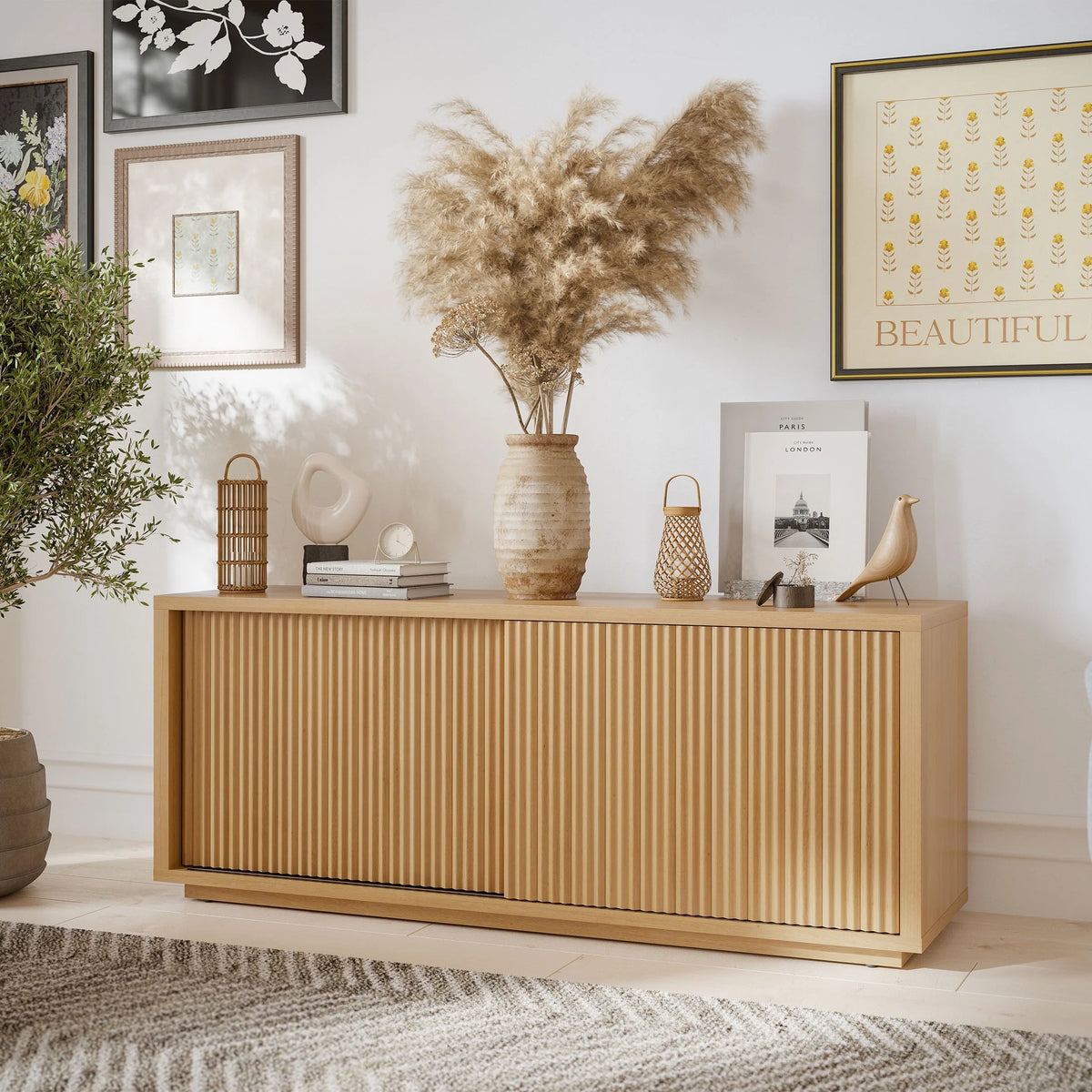 Beautiful Fluted TV Stand for TVs up to 70 by Drew Barrymore, Rich Black Finish