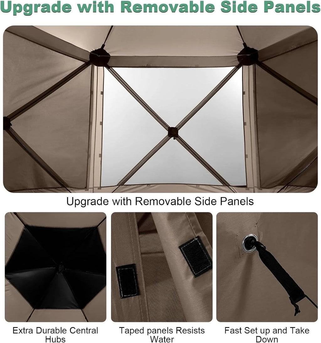 COBIZI 12x12 Pop Up Canopy Gazebo, Outdoor Canopy Tent Screen House with 5 sidewalls and Netting for Camping, Waterproof, UV Resistant, Ez Set-up Party Tent with Carrying Bag and Ground Stakes,Brown