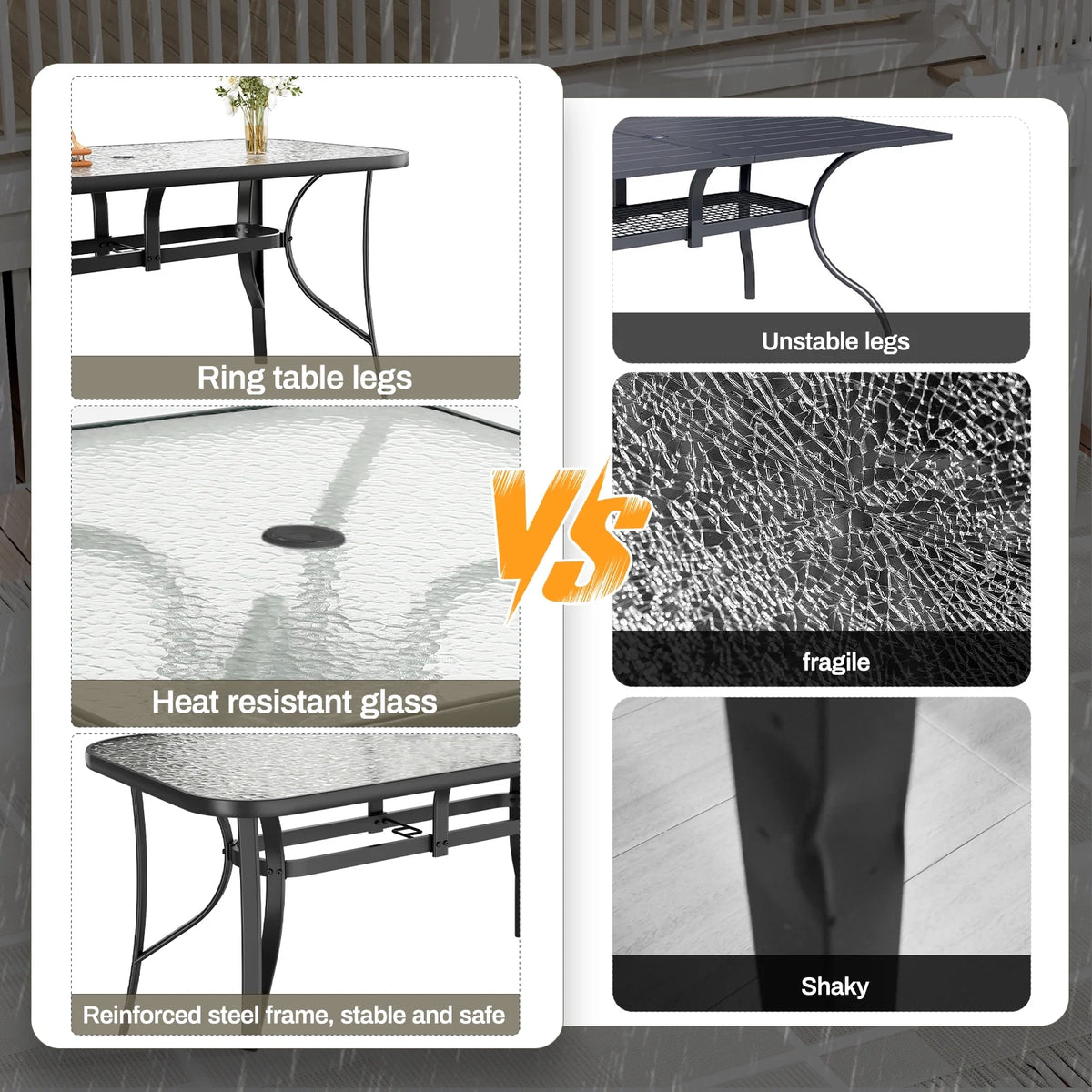 Arlopu Patio Rectangular Tempered Glass Dining Table, All-Weather Use, Outdoor Table for Garden & Backyard
