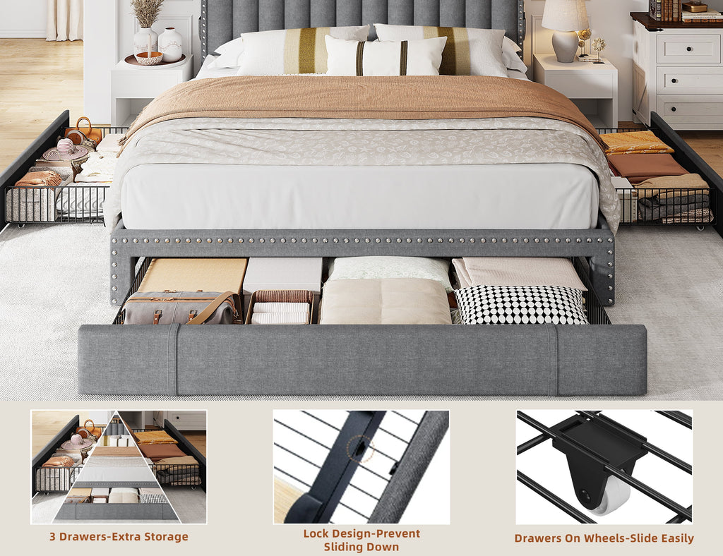 EnHomee Queen Bed Frame with 3 Storage Drawers Upholstered Queen Size Bed Frame with Headboard Noise Free Platform Bed with Metal Frame & Wood Slats Support Beige Bedroom Furniture for Adults Clothes