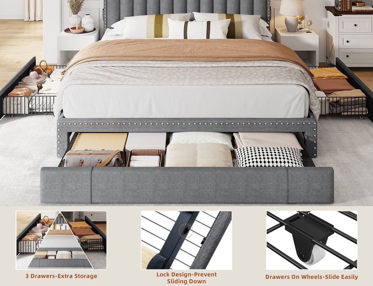 EnHomee Queen Bed Frame with 3 Storage Drawers Upholstered Queen Size Bed Frame with Headboard Noise Free Platform Bed with Metal Frame & Wood Slats Support Beige Bedroom Furniture for Adults Clothes