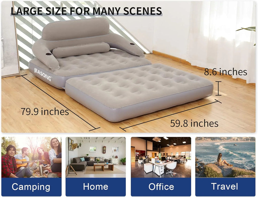 Inflatable Chair Air Couch with Air Pump, Camping Air Mattress Blow Up Inflatable Sofa Bed with Backrest, Multi-Mode Use, Easy to Storage