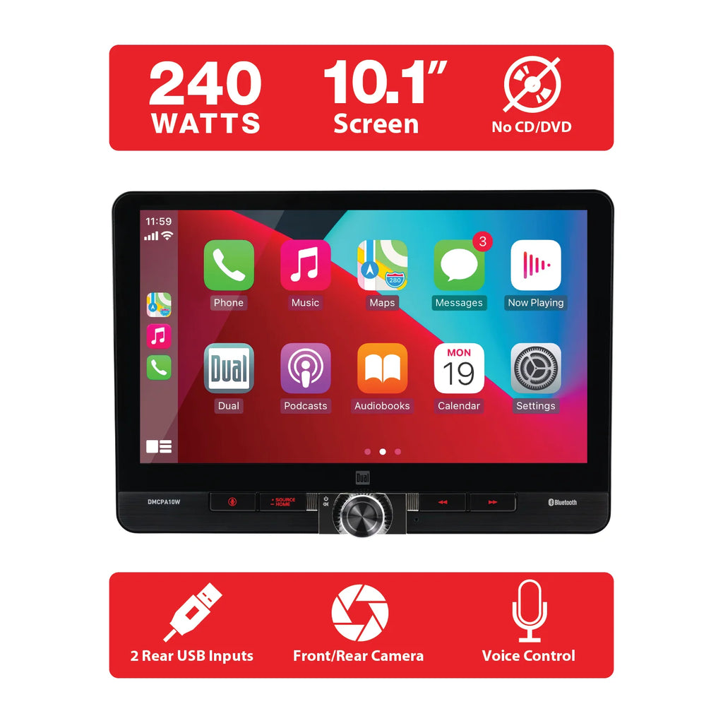 Dual Electronics 10.1" Touchscreen Car Stereo Receiver with Wireless Apple CarPlay & Android Auto Includes Single & Double DIN Adapters, Bluetooth, USB DMCPA10W (New)
