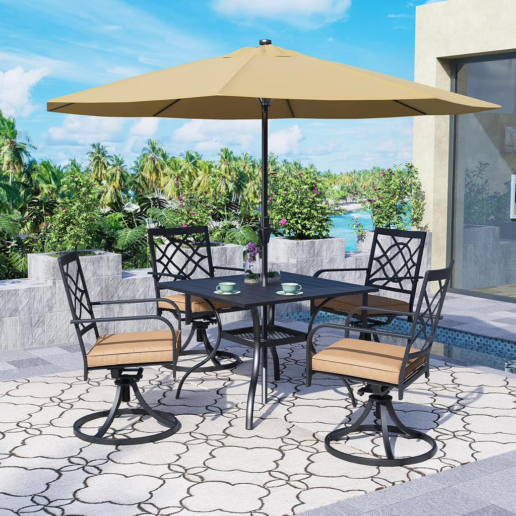 SUNCROWN 5-Piece Outdoor Wrought Iron Chairs and Table Patio Dining Furniture Set - 4 Stackable Metal Chairs, 1 Steel Slat Bistro Table and 1 Sky Blue 9Ft Patio Umbrella for Garden Backyard Deck
