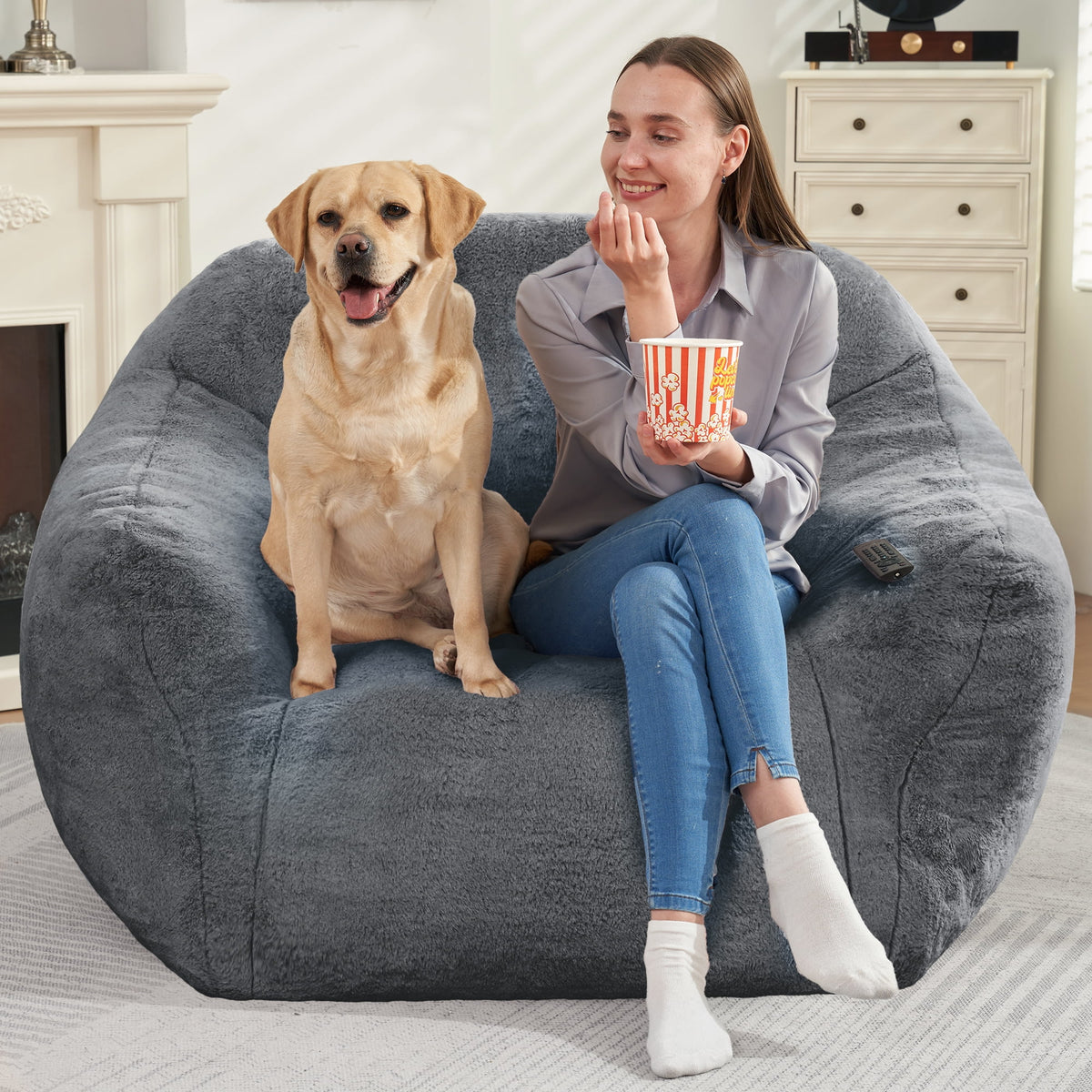 HOMGUAVA Giant Bean Bag Chair for Adults & Kids, Oversized Lounger Couch Large Lazy Chair w/ Stuffed Memory Foam & Wide Armrests, Light Gray