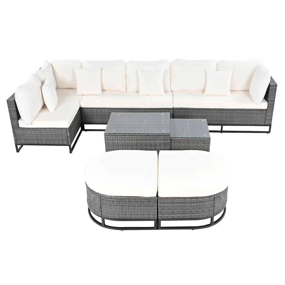 8 Pieces Outdoor Wicker Round Furniture Set, All Weather Half-Moon Sectional Patio Sofa Sets with Rectangular Coffee Table, Beige
