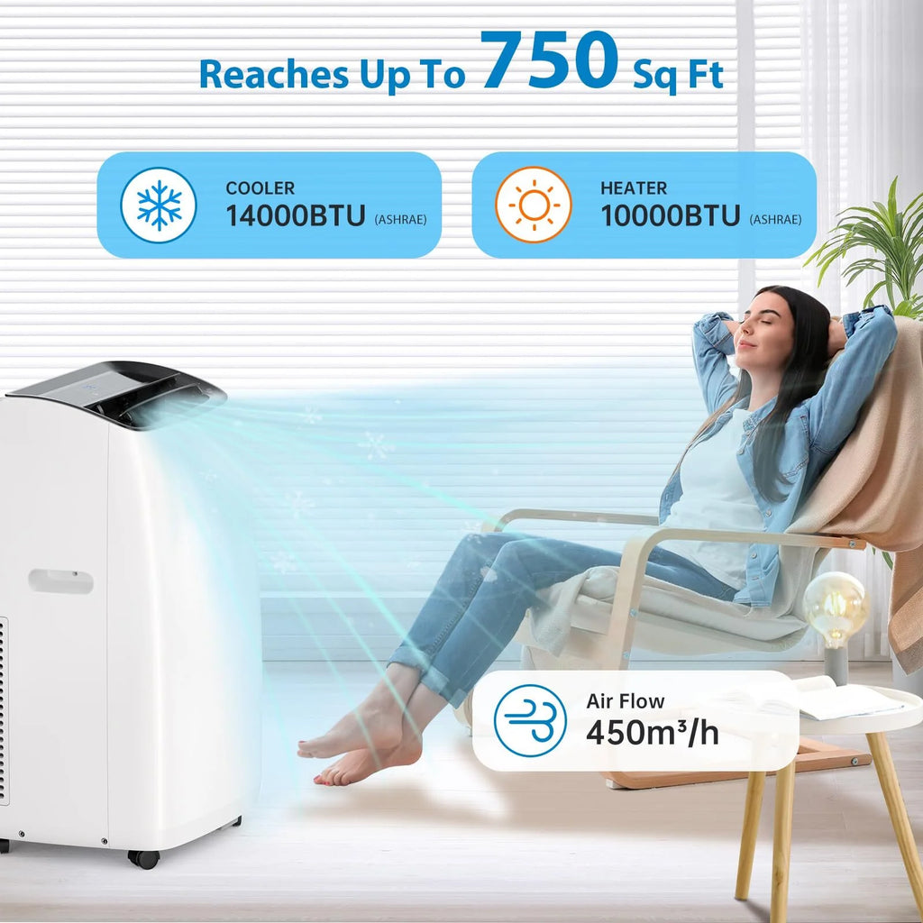 14000 BTU Inverter Air Conditioner for Rooms up to 750 Sq. Ft, 4-in-1 Portable AC Unit, Cooler, Heater, Dehumidifier & Fan, Sleep Mode 42dB, Dual Hose Portable AC with Window Kit & Remote Control