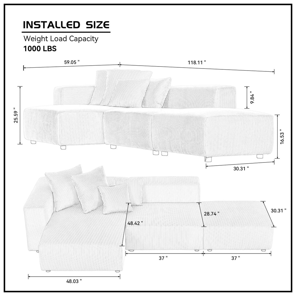 Newboti Furniture Soft Corduroy Sectional Modular Sofa Set, Small L-Shaped Chaise Couch for Living Room, Apartment, Office, Beige 25673