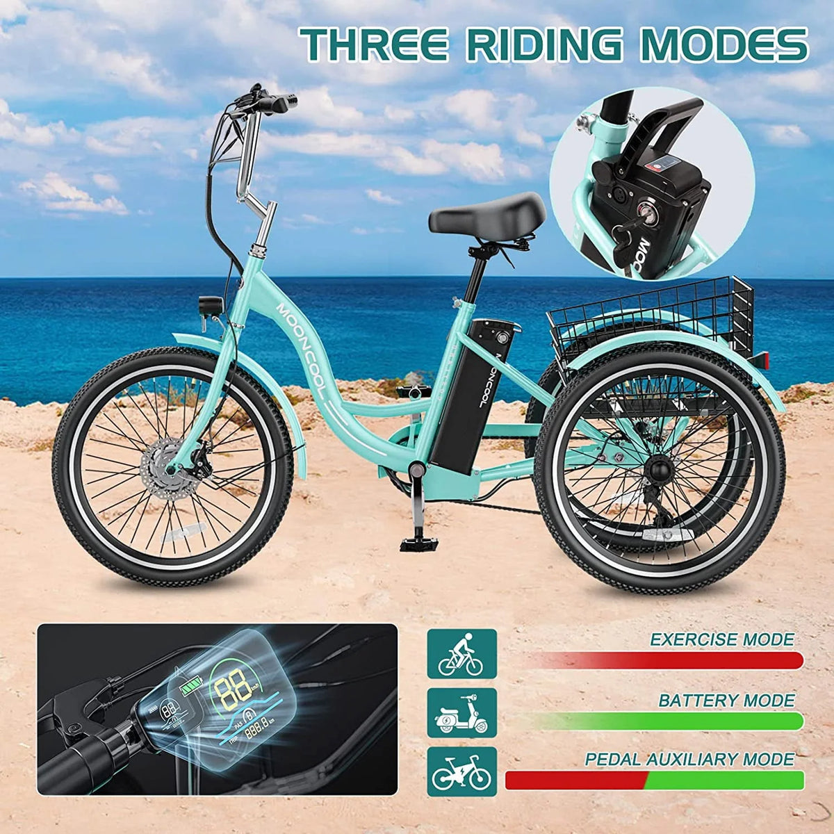 ABORON 350W Electric Trike, 7 Speed 24"/26" Motorized 3 Wheel Electric Tricycle for Adults with 36V 10Ah Lithium Battery UL Certified, Rear Basket