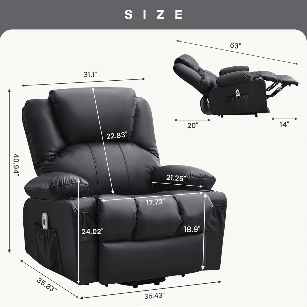 JONPONY Power Lift Recliner Chair Recliners for Elderly with Heat and Massage Recliner Chair for Living Room with Infinite Position and Side Pocket,USB Charge Port,Black