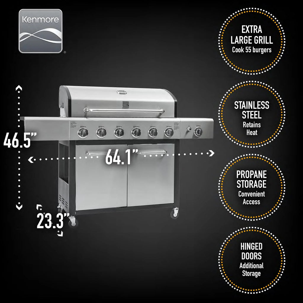 Kenmore 6-Burner Propane Gas Grill with Side Burner, PG-40611S0L, Stainless Steel with Black Trim