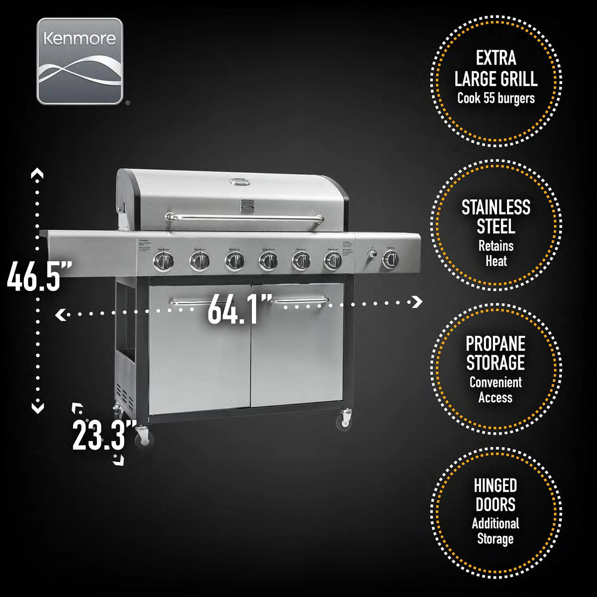 Kenmore 6-Burner Propane Gas Grill with Side Burner, PG-40611S0L, Stainless Steel with Black Trim