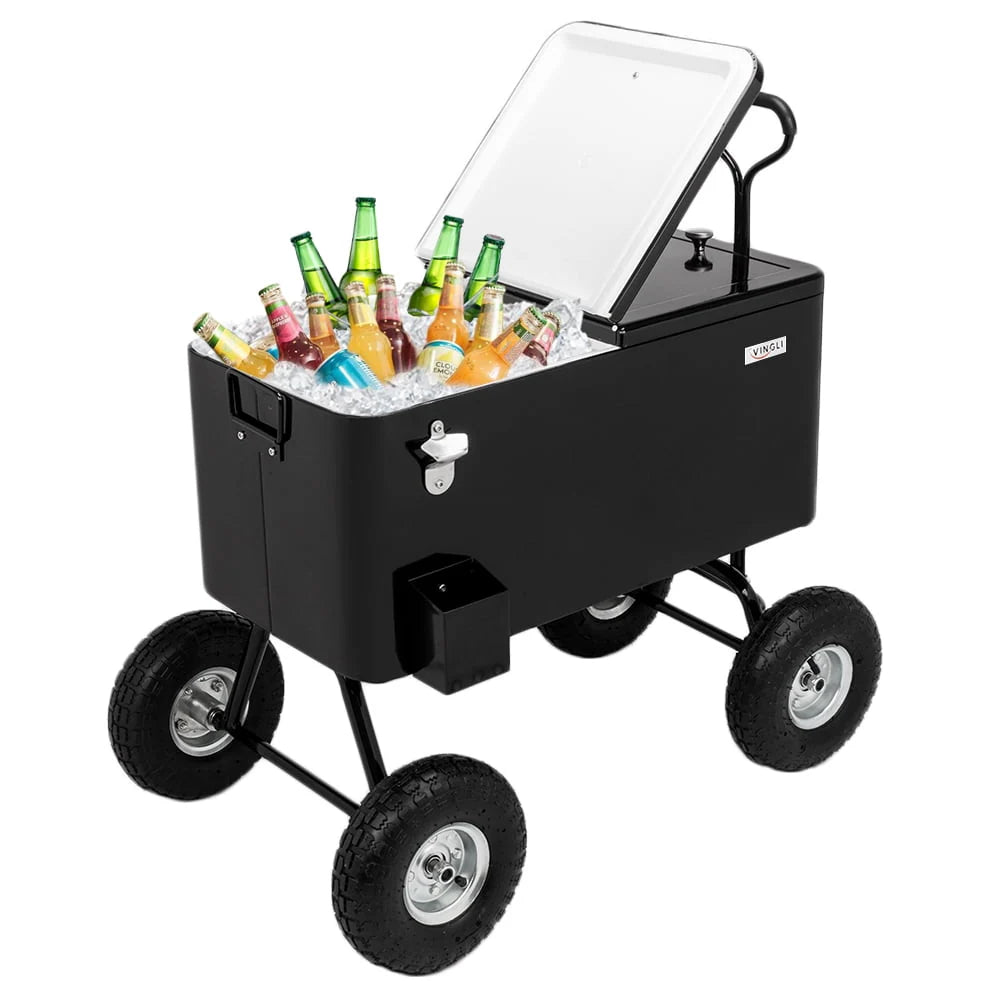 VINGLI 80 Quart Wagon Rolling Cooler Ice Chest, w/Long Handle and 10" Wheels, Portable Beach Patio Party Bar Cold Drink Beverage , Outdoor Park Cart on Wheels