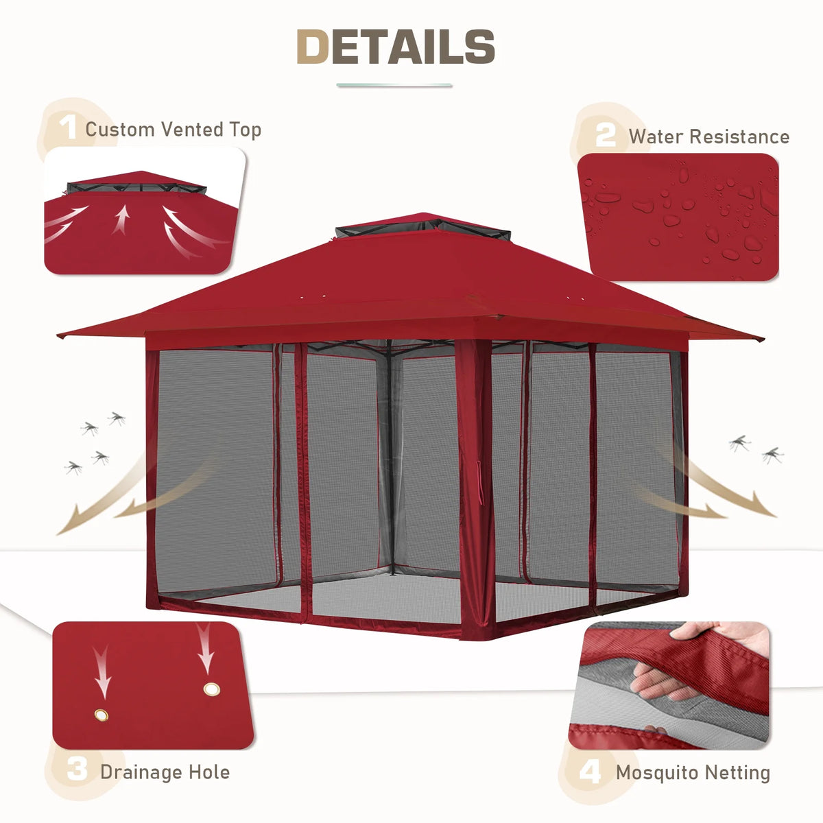EAGLE PEAK 13' x 13' Pop-Up Gazebo Tent Instant w/Mosquito Netting，Outdoor Gazebo Canopy Easy Set-up Folding Shelter (Beige/Brown)
