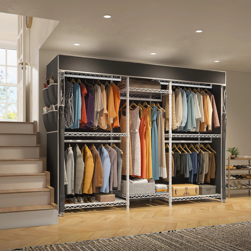 Heavy Duty Clothes Rack with Cover Loads 900LBS, Clothing Racks for Hanging Clothes, Freestanding& Adjustable Closet with Cover, Black, 74.9" Wx17.8 Dx76.9 H