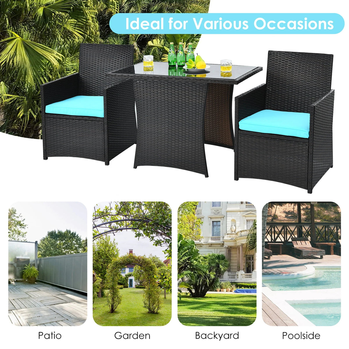 Gymax 3PCS Patio Wicker Bistro Set PE Rattan Dining Table Set w/ Turquoise Cushions
