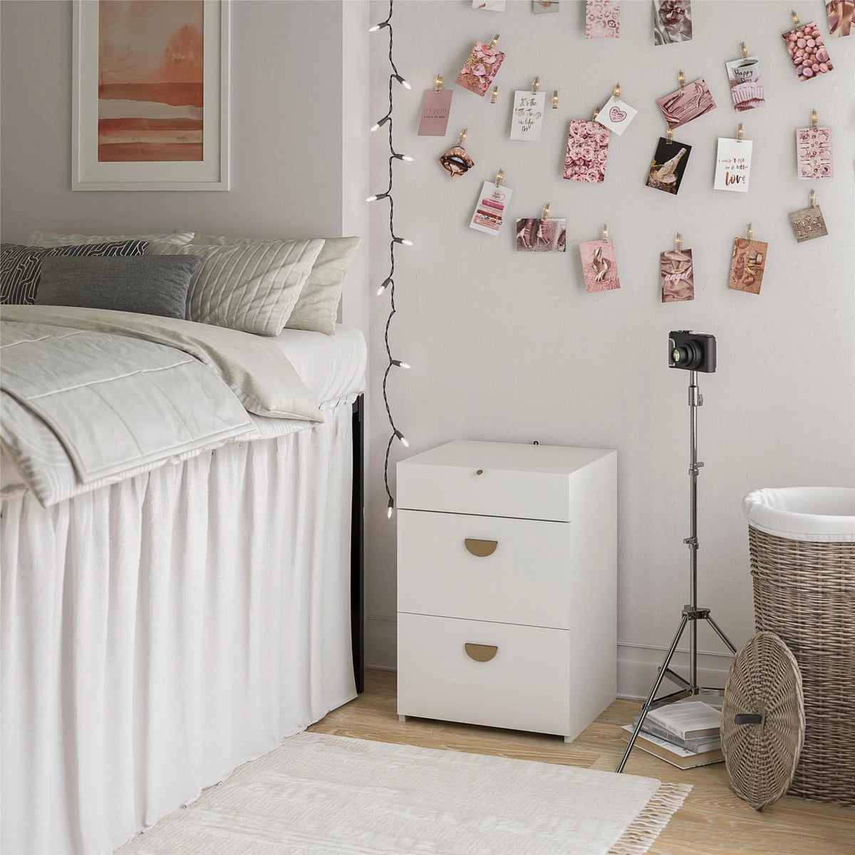 Ameriwood Home Compact 3-in-1 Vanity Set, Makeup Storage Desk & Stool, Mirror w/ LED lights & USB Charging Station, White