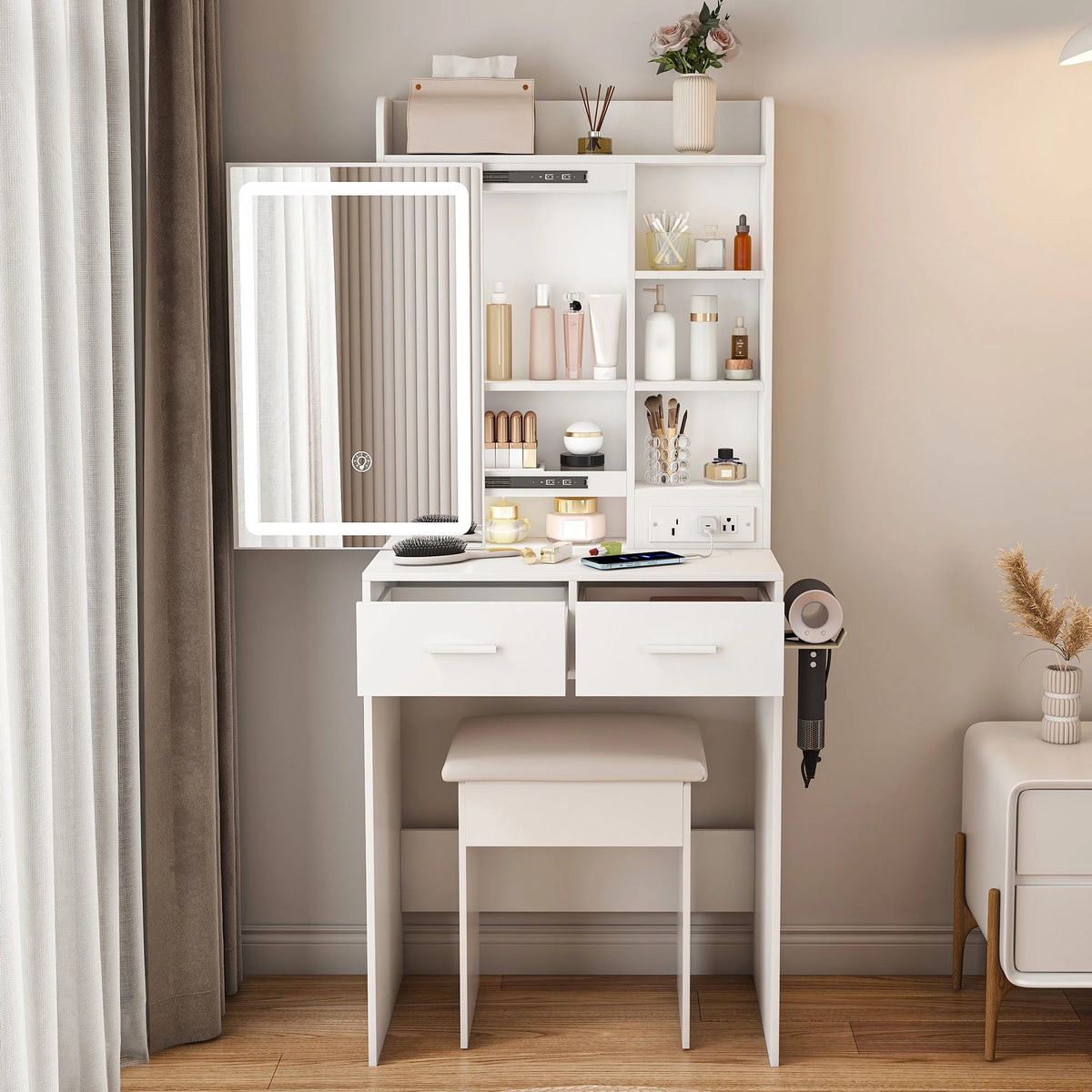 Small White Makeup Vanity Desk with Mirror and Adjustable LED Lights, Built-in Power Outlet and Hidden Storage
