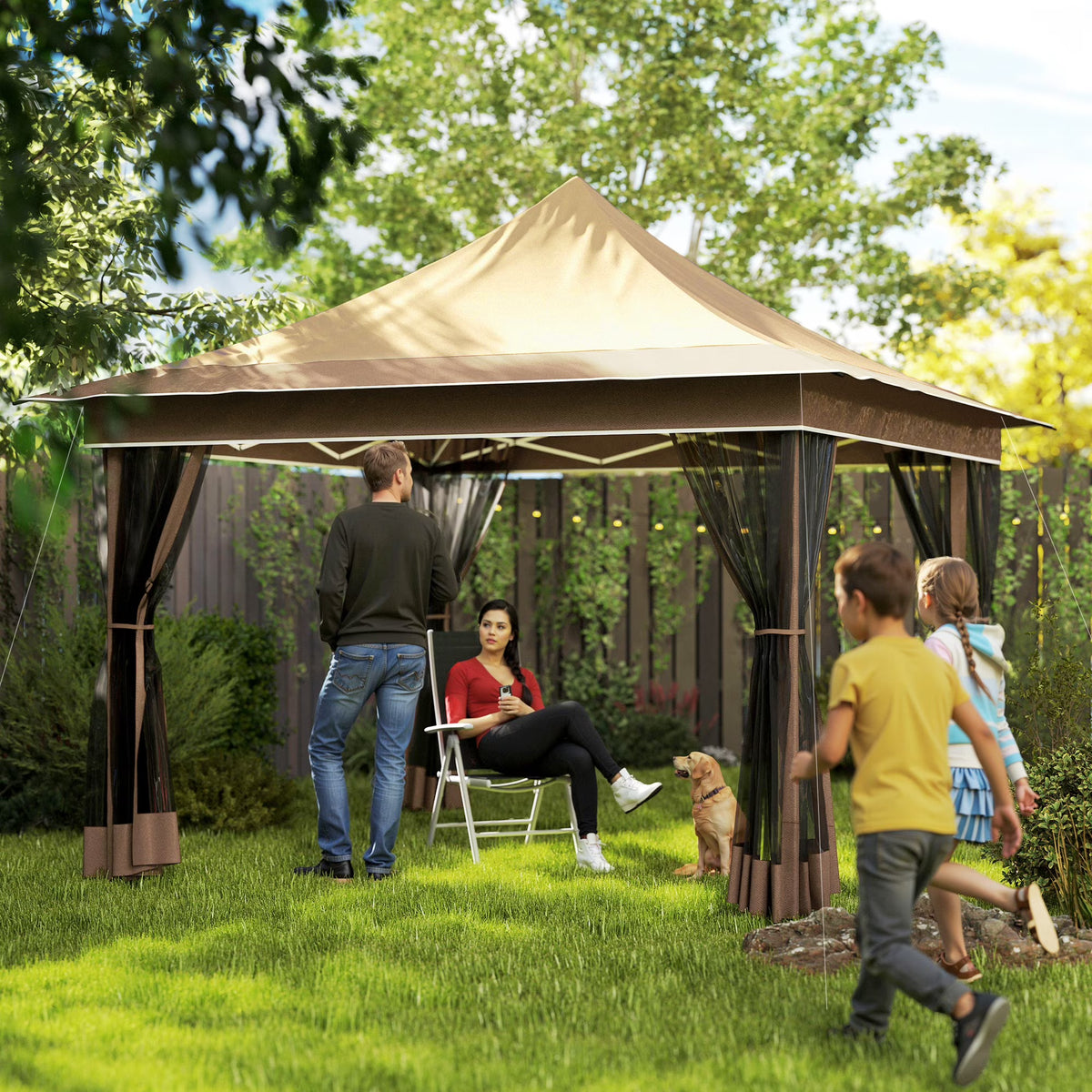 Outsunny 12 x 12 ft. Pop Up Canopy Tent with Mesh Netting, Height Adjustable, UPF50+ Instant Sun Shelter, Beige